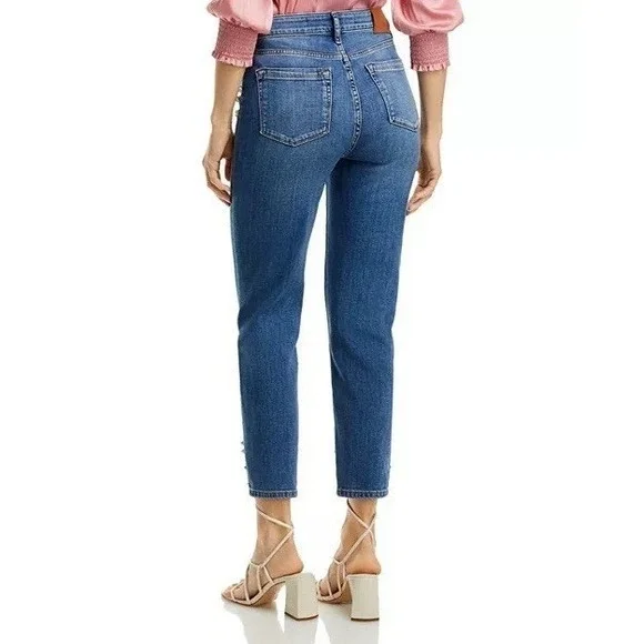 KARL LAGERFELD PARIS High Rise Embellished Skinny Jeans Coastal Blue Wash 16 New